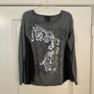 Vintage French Blue long sleeve rhinestone studded tee